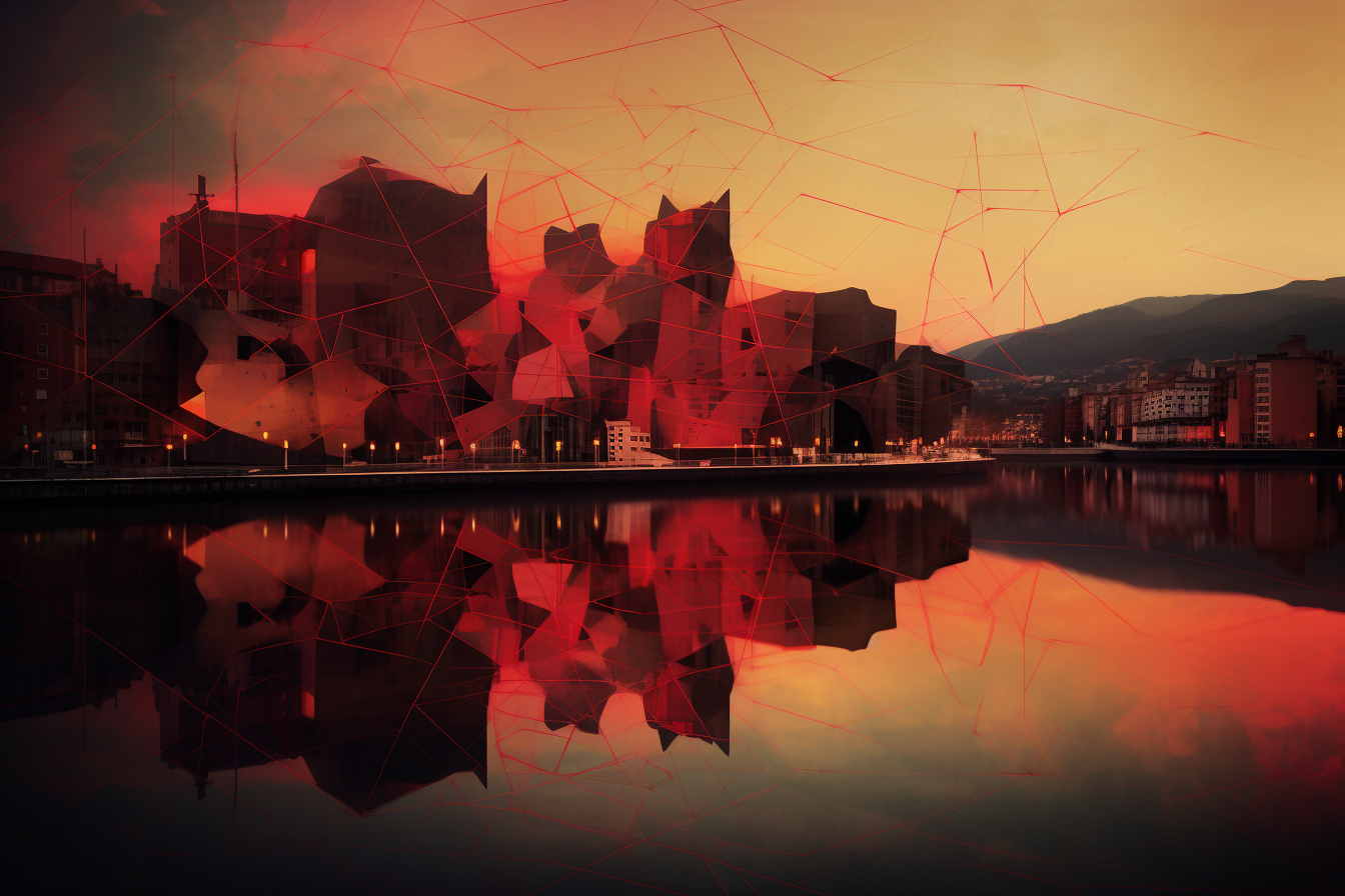 an isogeometric representation of Bilbao into the future employing B-splines basis functions of the buildings and an orthogonal projection of the river. Dark and red tones at dusk --ar 3:2 --q 2