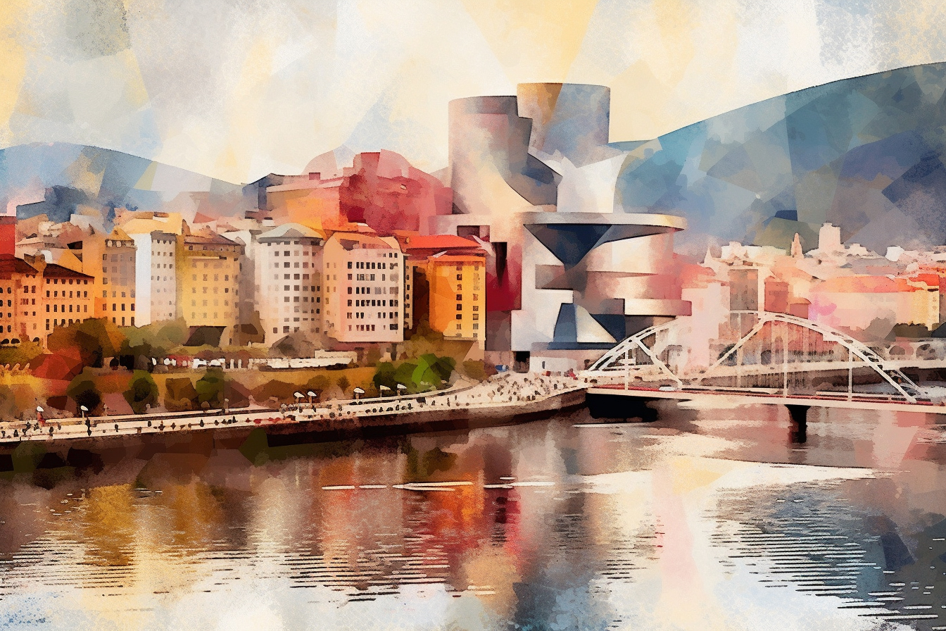 city of Bilbao with Frank Gehry titanium building and San Mames painted by Kandisky, colorful --ar 3:2 --q 2