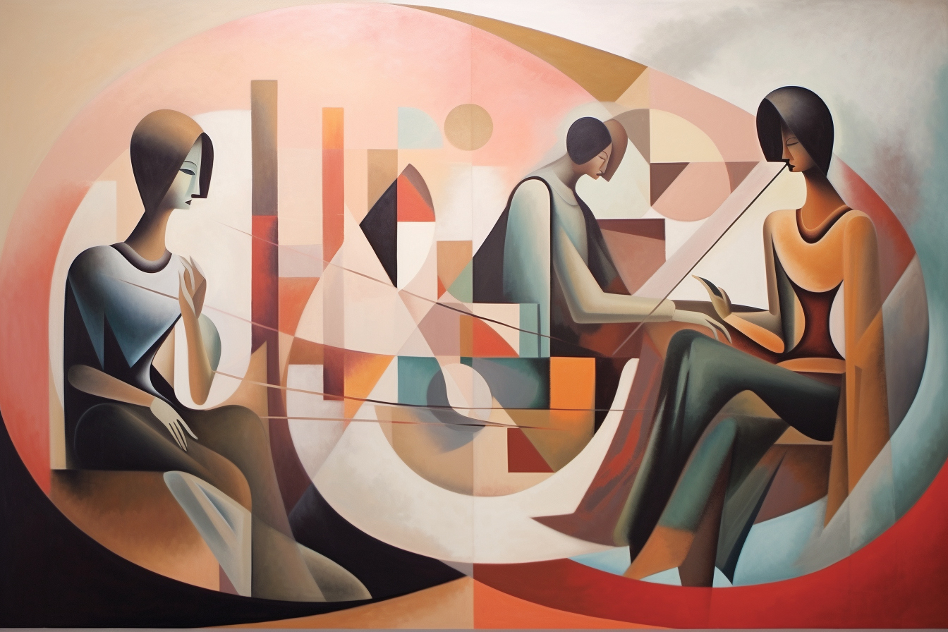 Abstract painting of Ramón de Zubiaurre of some male and female young mathematicians, which are drawn abstractly by Georgia Totto O'Keeffe, discussing about the size of the Bilbao infinity during a math conference in Bilbao --ar 3:2 --q 2