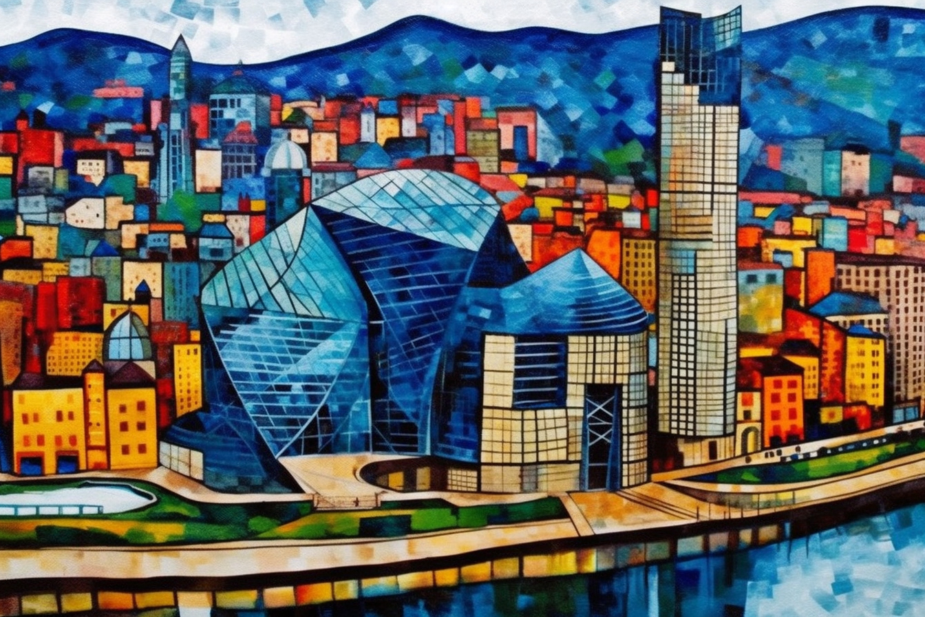 city of Bilbao with recognizable landmarks San Mames stadium, its famous museum and Isozaki towers painted by Picasso in the style of Guernica painting, colorful --ar 3:2 --q 2 --no horses