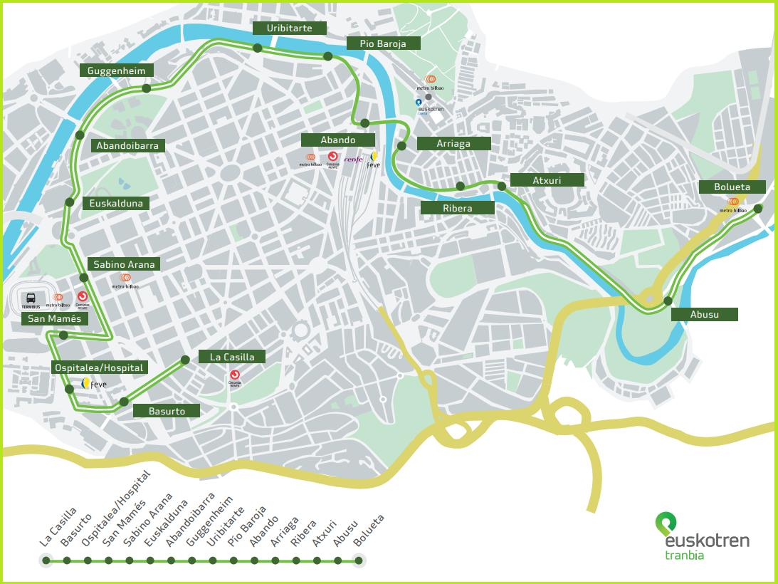 Scheme and map of the itinerary of the tram